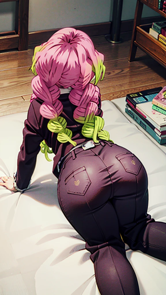 1girl, from behind, looking at viewer, huge ass, black trousers, on all fours, pink hair with green hair tips