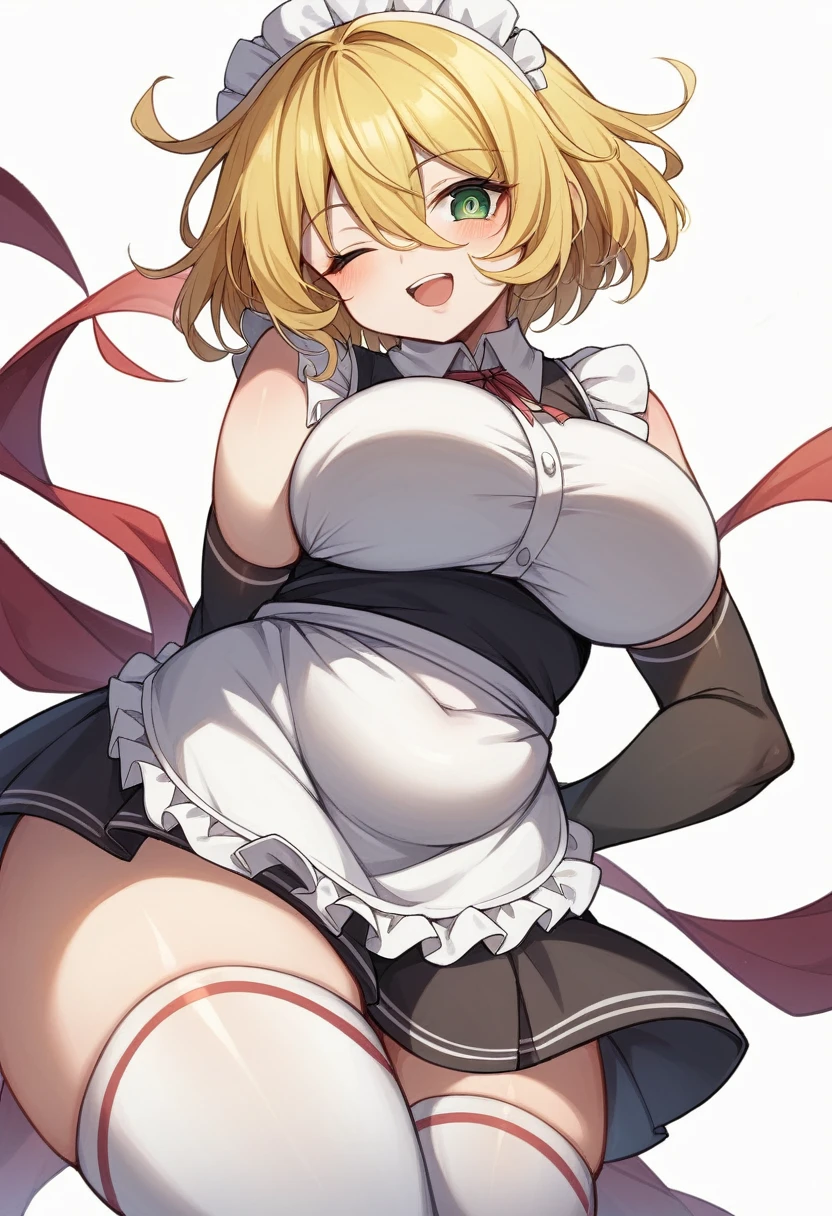 (One girl)、(bob cut)、((Blonde))、（Sato Air）、(slan eyes)、（boyish）、cute、(Big super breasts)、Chubby、Maid clothes、No sleeve、mini skirt、White sleeveless、thigh-high socks thighhighs、(long gloves)、hairs between eyes、(coarse hair)、flipped hair、green eye、Wink、(say)、arm behind back、White Background