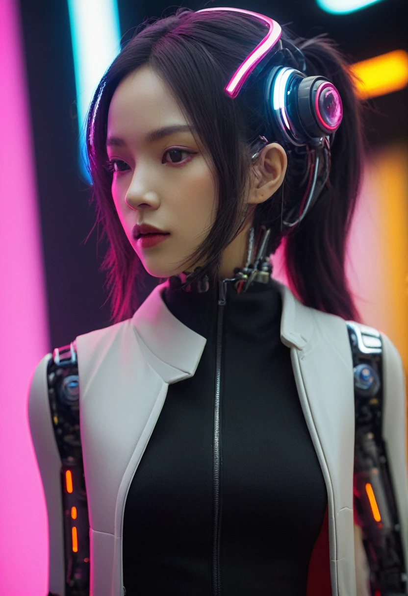 xxmixgirl. Highly detailed professional 35mm film, bokeh, face in sharp focus. A robotic female, Miku, with ((metal skin)), ((perfect Asian eyes)) with magenta irises and ((black pupils)), beautiful serious (detailed face), 18 year old ((photorealistic face)), very long magenta twin tails of magenta hair, twin black hair ties with a single red stripe. She may have a black audio headpiece. We can see her ((full body)) down to her boot soles. Her outfit is a sleeveless collared light grey shirt, outlined in red around the frilled collar and hems. Shiny reflective ((metallic breast cups, dimpleless)), invisible nipples. She wears black sleeves with red hems that start around her upper arm and bellow out as the sleeves open and extend to her wrists, with wide trumpet red rimmed cuffs. She has perfect robotic (detailed hands). She wears a red colored tie with two horizontal solid parallel black lines halfway across. She wears a fabric black skirt with a horizontal red hem at the bottom all the way around; her (((black skirt wraps around her))) and ((her skirt completely covers)) her robotic waist and thighs. Tall black boots with red bottom soles, a red rim around the top at her thighs. Her mechanical shoulder joints are visible. We can see her robotic legs and robotic neck. Half of her is covered with shiny polished machinery. The background is a distant dark neon futuristic Japanese city, gold, cyan, violet neon, near harbor or mountains.