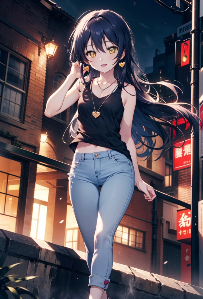 you like it, Umi Sonoda, Long Hair, Blue Hair, (Yellow Eyes:1.5) (Flat Chest:1.2),Blue Tank Top,Heart Necklace,Skinny jeans,Stiletto heels,happy smile, smile, Open your mouth,Walking,Daytime,Clear skies,whole bodyがイラストに入るように,
break outdoors, Building district,  　　　　　　　　　　　break looking at viewer,whole body,
break (masterpiece:1.2), Highest quality, High resolution, unity 8k wallpaper, (figure:0.8), (Beautiful attention to detail:1.6), Highly detailed face, Perfect lighting, Highly detailed CG, (Perfect hands, Perfect Anatomy),