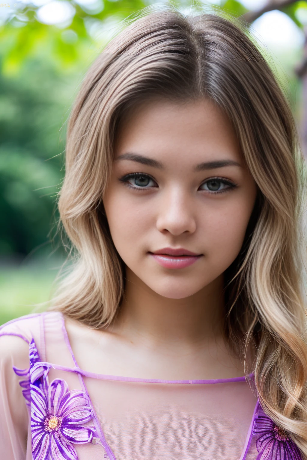 Portrait of 19 year old blonde with beautiful sparkling eyes, natural blonde hair, locks, waves, New York Central Park background, large breasts, stylish sheer top and sheer skirt with colorful floral pattern), (neckline), detailed (texture! , hair! , brightness, color! (imperfect:1.1), very detailed bright eyes, (looking at camera), super image quality, sharp focus, sharp, dof, film grain, (center), Fujifilm XT3, transparent, center of frame, cute face, sharp focus,