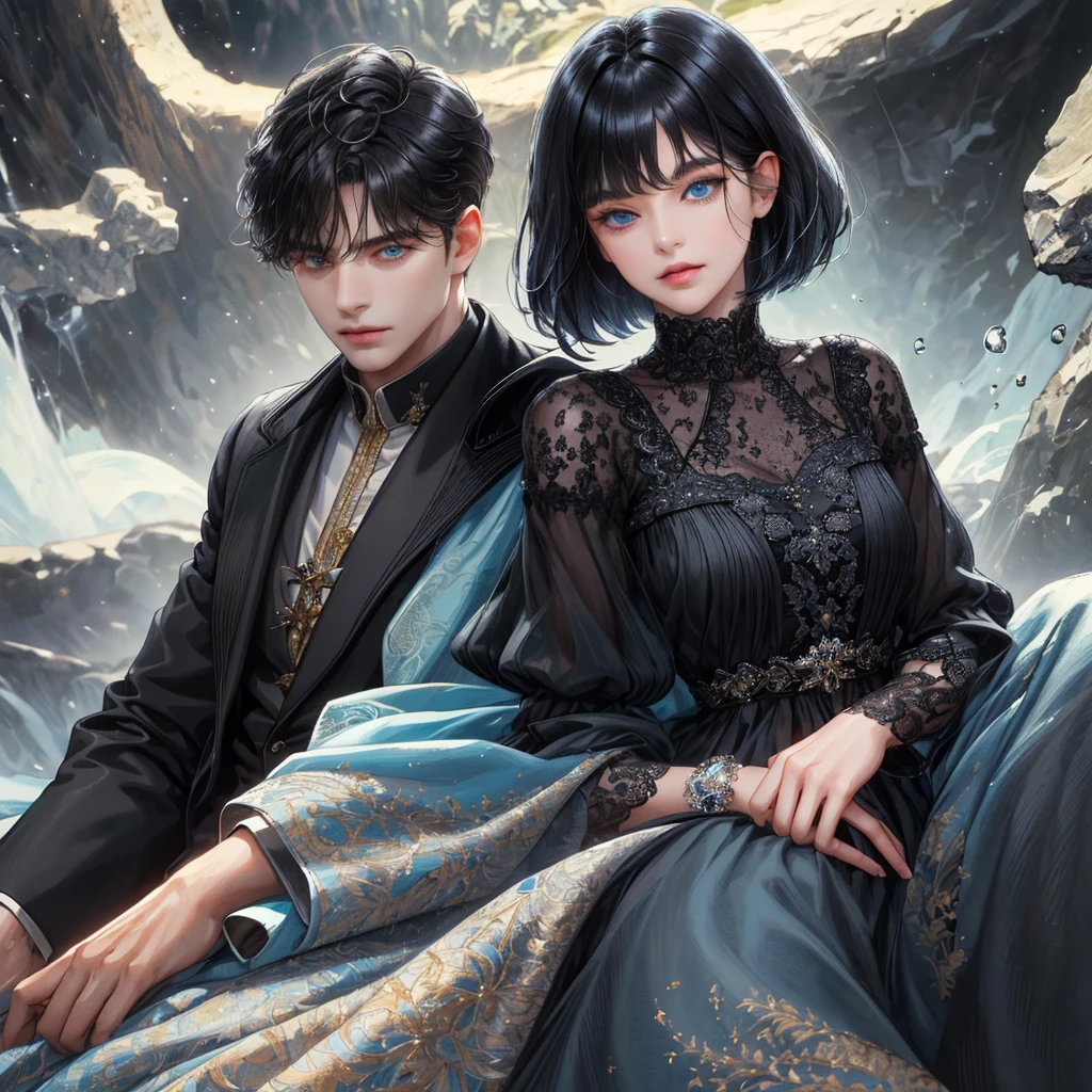 (absurdly , high quality , masterpiece , ultra detailed), ( detailed to hand ) (detailed to eyes) (detailed to face) , couples, 1 man (short black Quiff hair with Soft Fringe, bangs part on side 3:7 ratio) and 1 woman (short black hair with fringe) love ,pretty eyes (blue eyes) , black hair, fantasy, detailed background, soft light