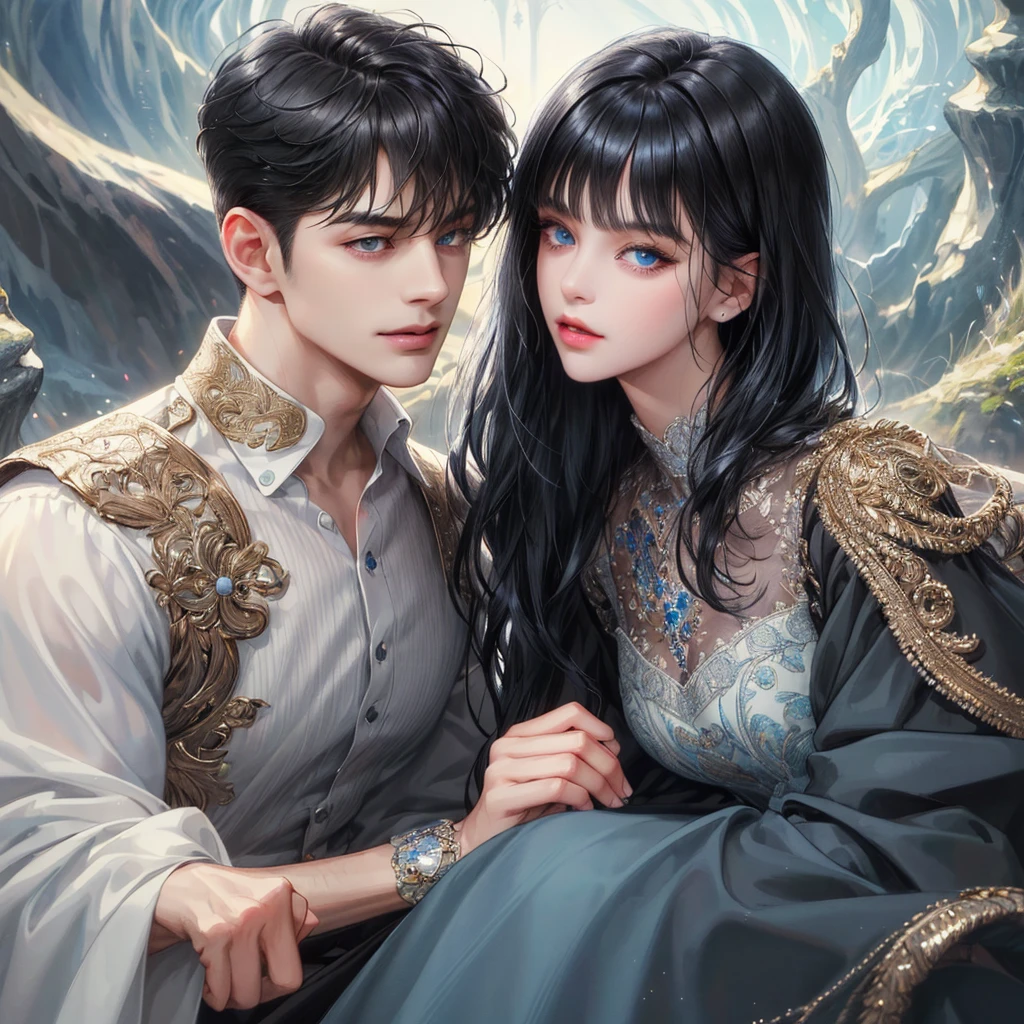 (absurdly , high quality , masterpiece , ultra detailed), ( detailed to hand ) (detailed to eyes) (detailed to face) , couples, 1 man (short black Quiff hair with Soft Fringe, bangs part on side 3:7 ratio) and 1 woman (short black hair with fringe) love ,pretty eyes (blue eyes) , black hair, fantasy, detailed background, soft light