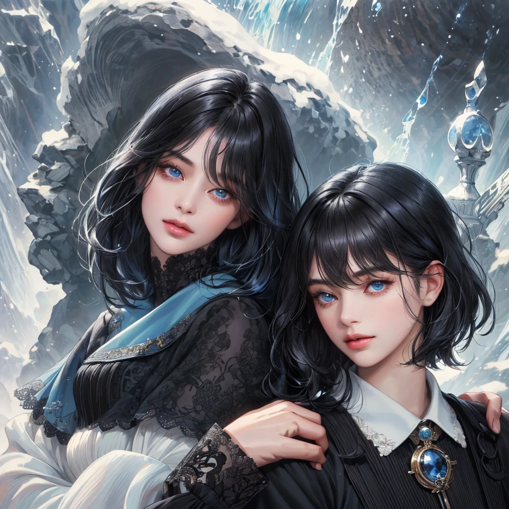 (absurdly , high quality , masterpiece , ultra detailed), ( detailed to hand ) (detailed to eyes) (detailed to face) , couples, 1 man (short black Quiff hair with Soft Fringe, bangs part on side 3:7 ratio) and 1 woman (short black hair with fringe) love ,pretty eyes (blue eyes) , black hair, fantasy, detailed background, soft light