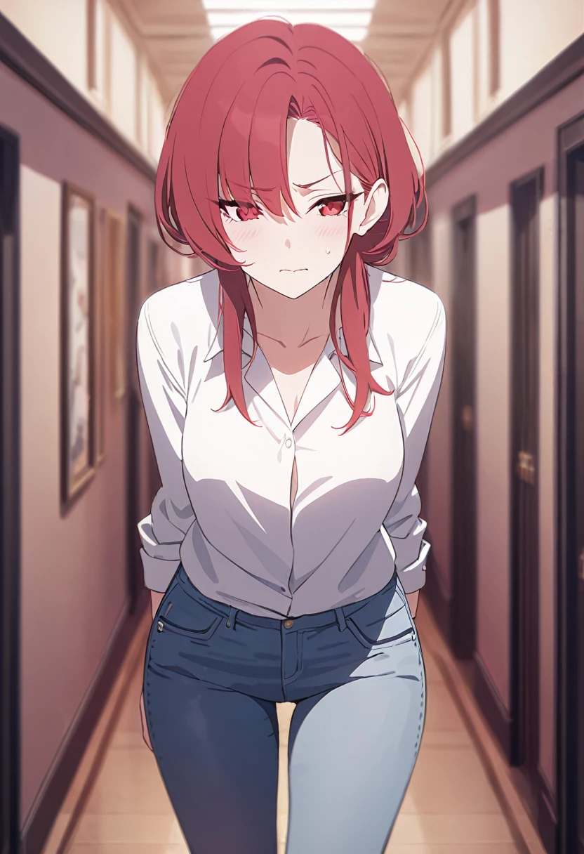 masterpiece,best quality,depth of field,8k,red hair,Red eyes,wseifuku,white shirt with nothing on,chic,(charismatic eyes 1:1),jeans,female,frowning,alone,corridor,