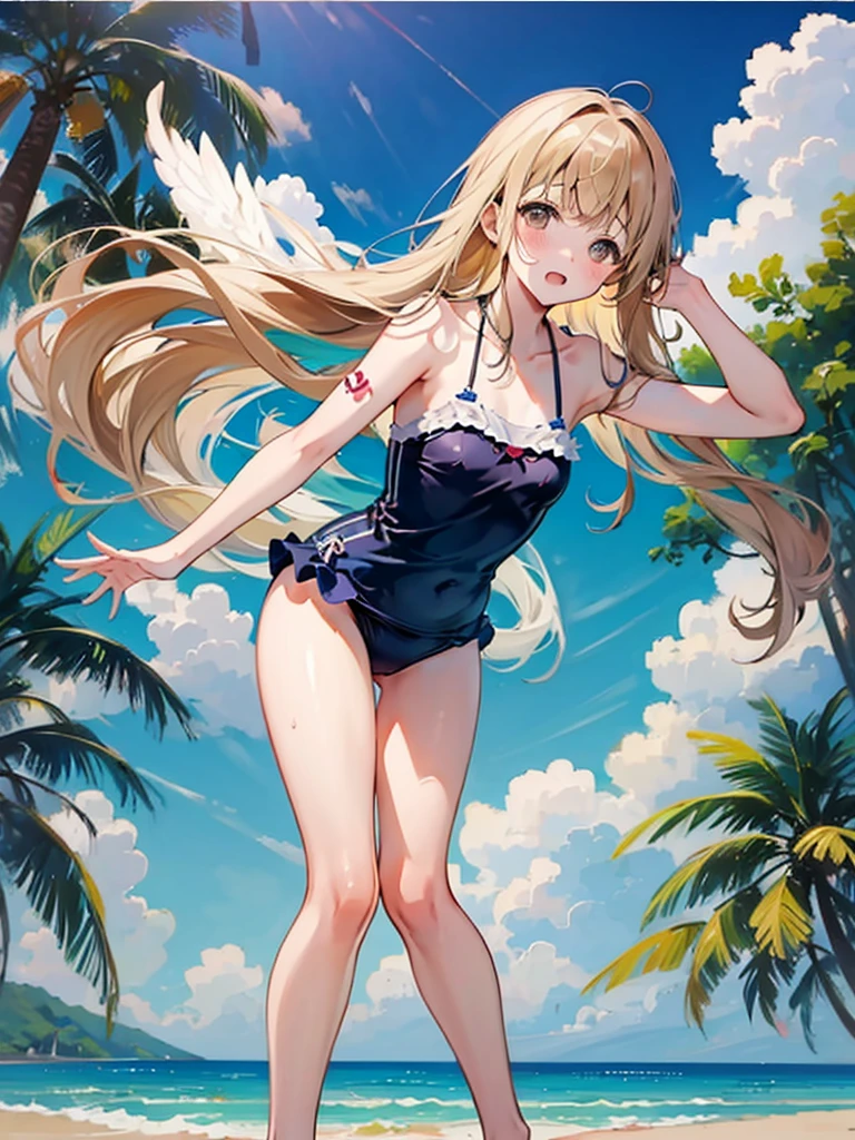 Random patterned swimsuit、,Random patterned swimsuit,Blushing、Semi-long hair、pale chestnut hair、Pale brown eyes、Head to toe full body、Blushing、Embarrassed look、Composition from the front、A view from slightly below、school swimwear、Acme Face、Random pose、, 、nsfw、Highest quality、1 girl、solo、Ocean、Sandy Beach、Sexy pose、Random pose、Blushing、wet、Embarrassed、I can see half of my 、、One piece swimsuit、(Strap slip:1.3)、
