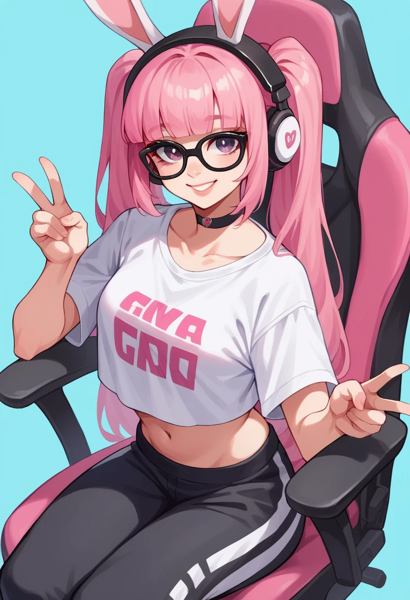 Masterpiece, deer animal ears, pink gamer headphones, white gamer headphones, perfect face, smile, vramslace, 1girl, solo, long hair, looking at viewer, bangs, shirt, navel, twintails, pink hair, perfect hair, glasses, choker, midriff, pants, blunt bangs, rabbit ears, two-tone hair, lips, crop top, v, blue background, t-shirt, black-framed eyewear, print shirt, sitting, pink racing chair, white racing chair