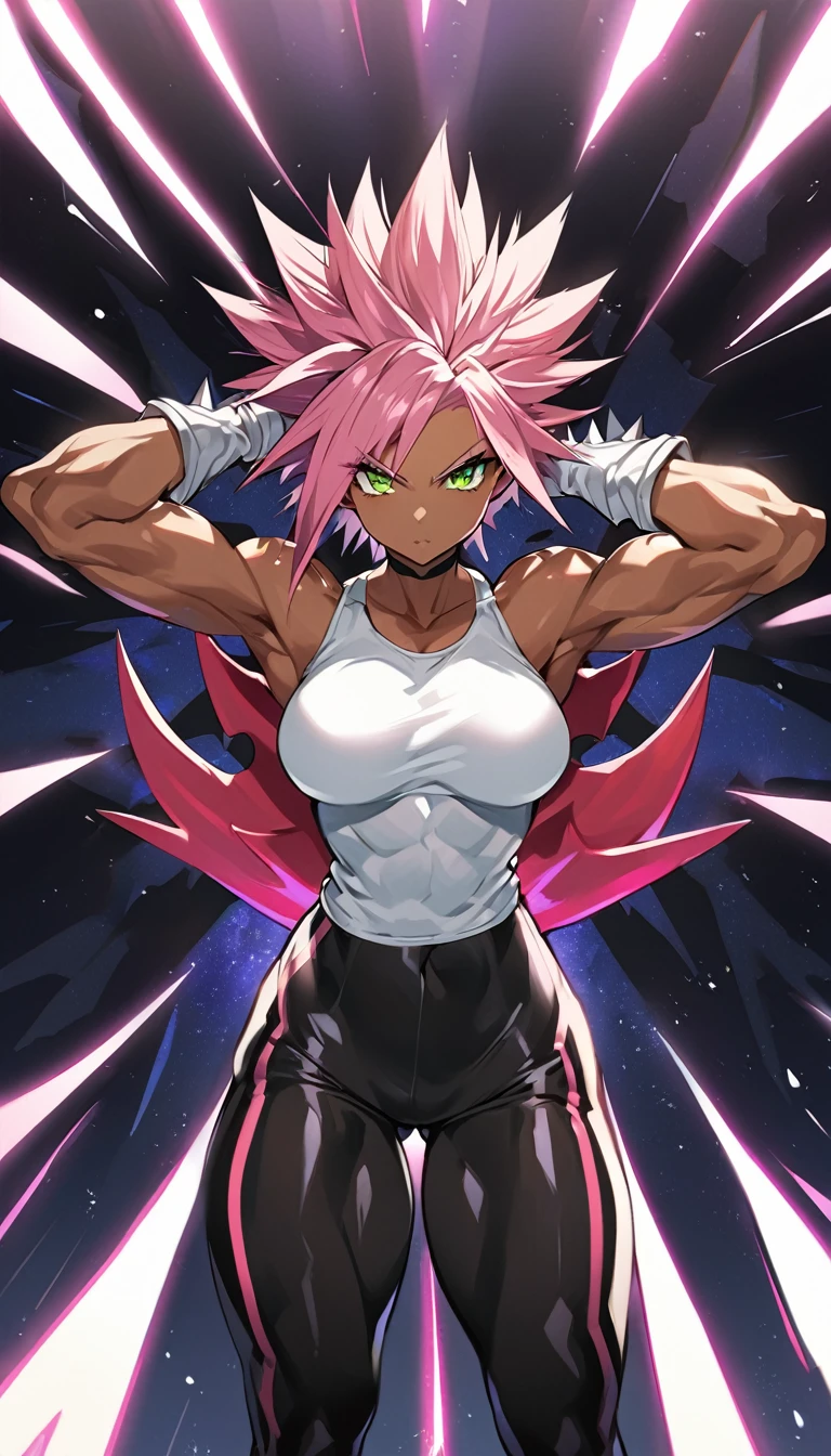 a girl, Saiyan, dark and strong super saiyan pink hair, spiky hair,  super saiyan, green eyes, defined muscles, thin waist, wide hips, dark skin, medium breasts, tight clothes, white t-shirt, black pants, pink rays around , black rays all around