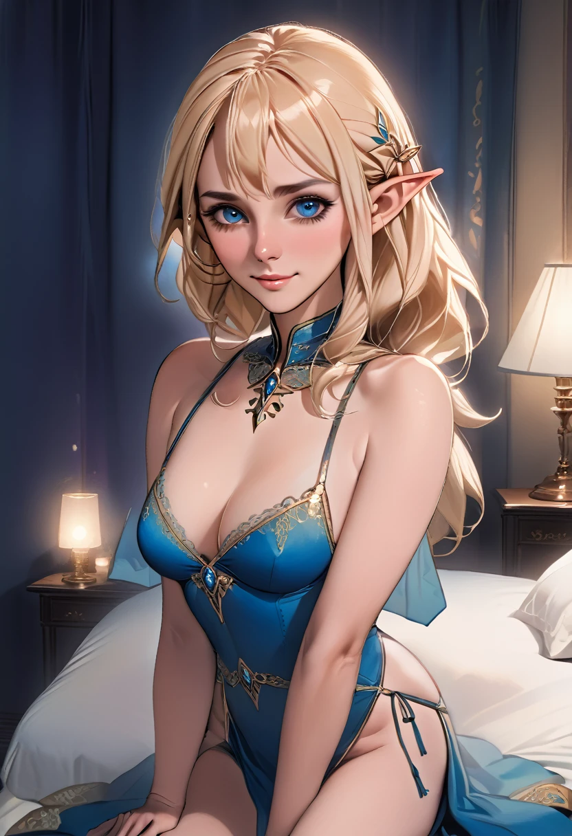 16k、masterpiece、High resolution、High resolution、((Young Elven Woman))、((Beautiful white skin))、Small breasts、((Beautiful blonde))、Bobcut、((Beautiful Blue Eyes))、((Narrow eyes))、Smiling Kindly、Pink Lip Gloss、blush、Luxury Bra、Bedroom at night、Dimly lit room、Look up at me、((Upper body close-up))