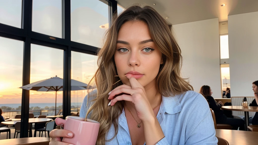 belle blonde portant un pull rose (sipping coffee in a modern cafe at sunset), very detailed, 21 ans, visage innocent, natural wavy hair, blue eye, high resolution, head of'artwork, best quality, intricate details, very detailed, sharpness, detailed skin, realistic skin texture, texture, detailed eyes, Professionnel, 4K, charming smile, shot with Canon, 85mm, shallow depth of field, Kodak Vision Color, corps parfaitement ajusté, extremely detailed, Photo_\(ultra\), photorealistic, realistic, Post-traitement, maximum detail, roughness, real life, ultra realistic, photorealism, la photographie, 8k uh, la photographie
