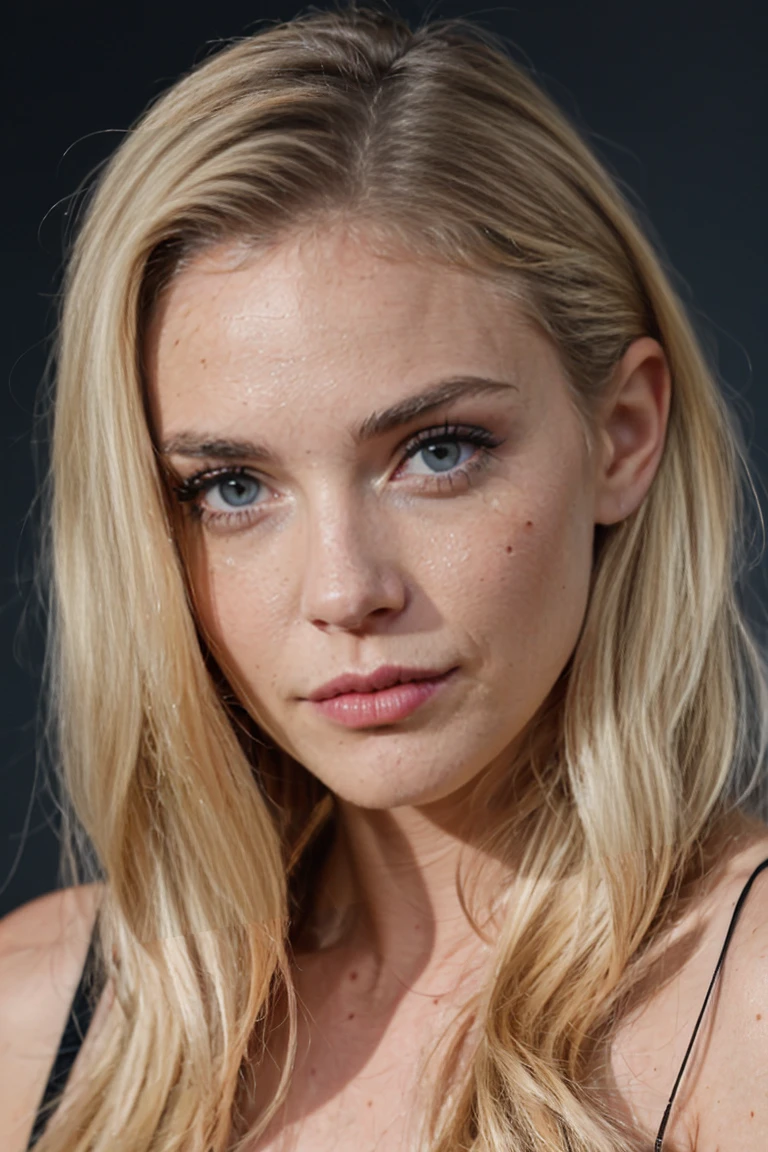 magnifique femme, blonde au yeux bleus de 22 ans, type suédoise, elle se tient en mode portrait tres proche de la photo