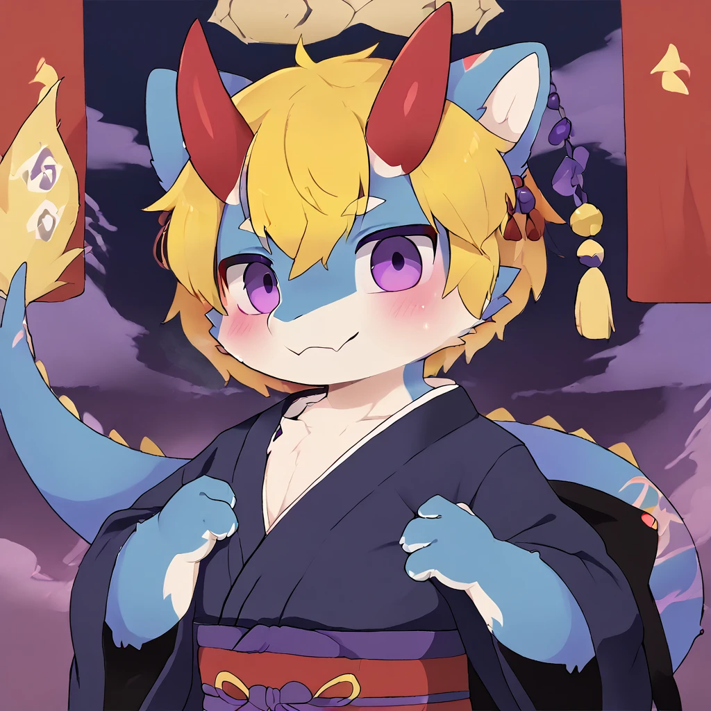 A male dragon have blue fur with 2 red horn on the head, yellow hair and purple eyes, wear kimono clothes Japanese style