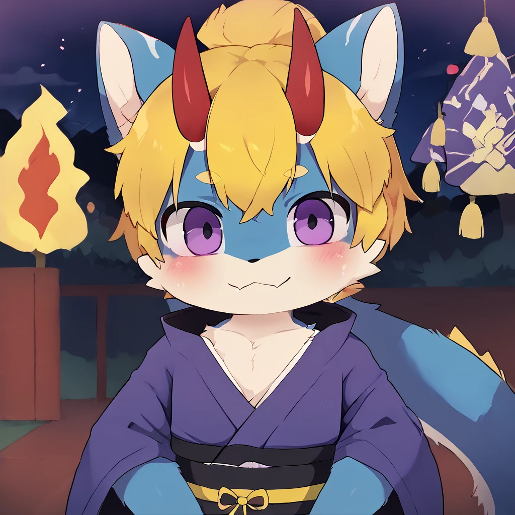 A male dragon have blue fur with 2 red horn on the head, yellow hair and purple eyes, wear kimono clothes Japanese style