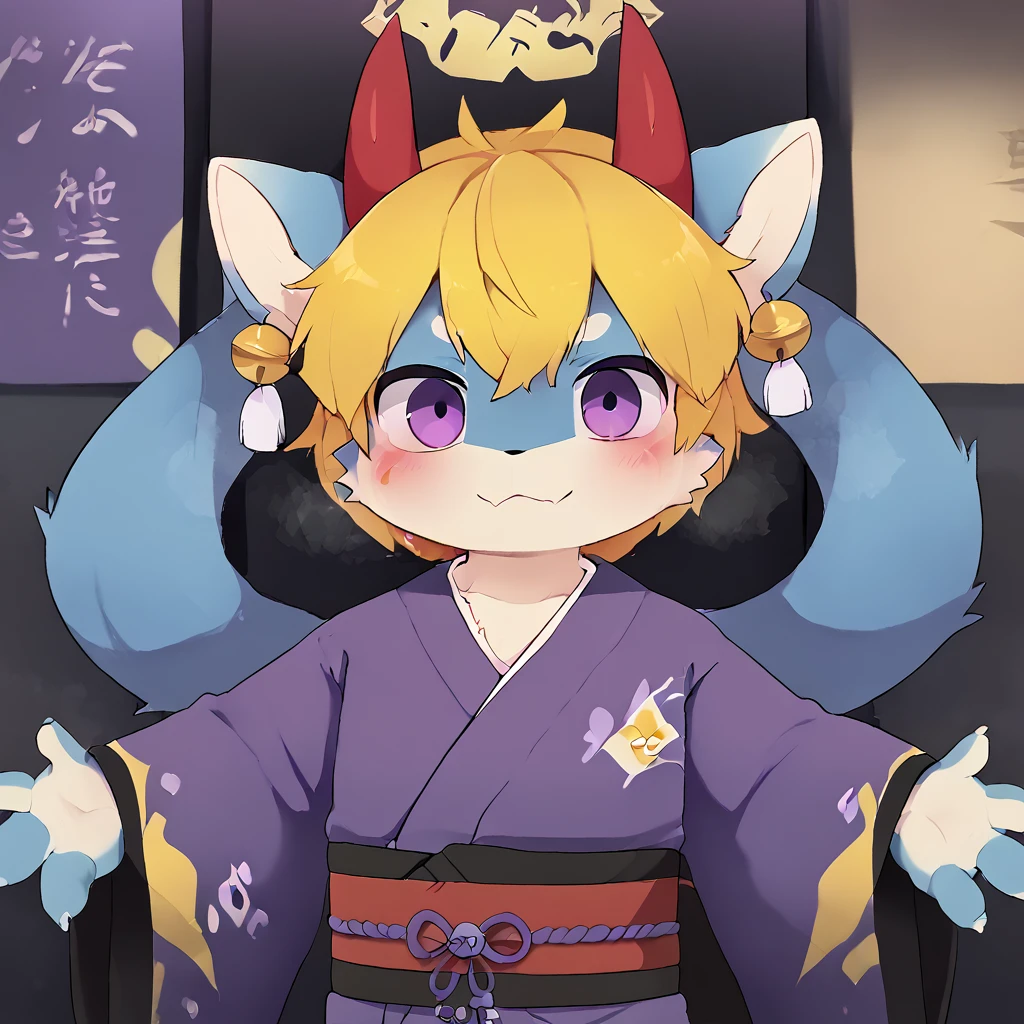 A male dragon have blue fur with 2 red horn on the head, yellow hair and purple eyes, wear kimono clothes Japanese style 