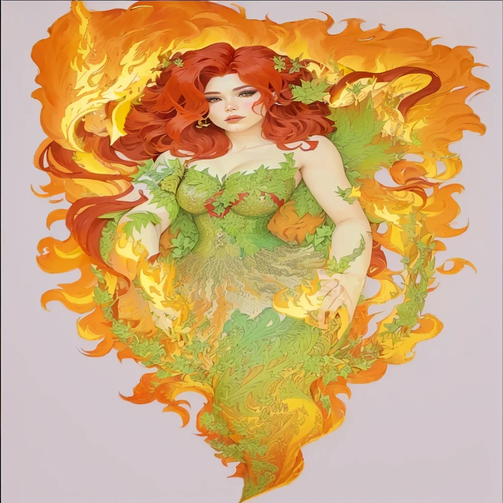 a closeup of a woman in a fire dress, burning dye, Poison Ivy, inspired by mary jane start, his body made of flames, Goddess of Fire, lava and Goddess of Fire, full color illustration, her hair is made of fire, hot Goddess of Fire, appears as the Goddess of Fire, Goddess of Fire, inspired by the phoenix