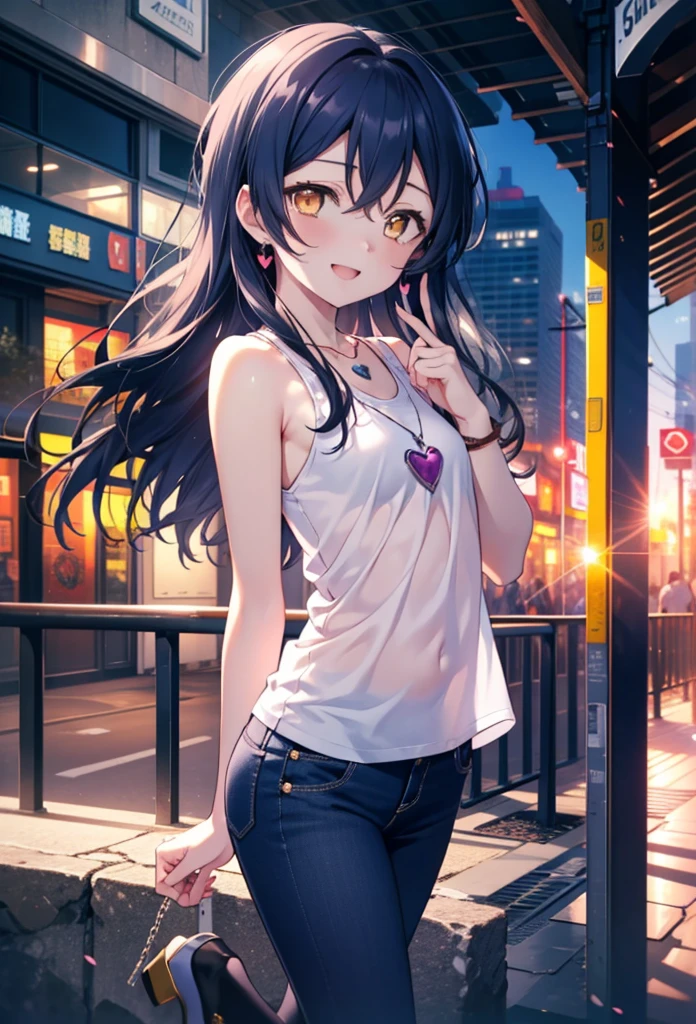 you like it, Umi Sonoda, Long Hair, Blue Hair, (Yellow Eyes:1.5) (Flat Chest:1.2),Blue Tank Top,Heart Necklace,Skinny jeans,Stiletto heels,happy smile, smile, Open your mouth,Walking,Daytime,Clear skies,whole bodyがイラストに入るように,
break outdoors, Building district,  　　　　　　　　　　　break looking at viewer,whole body,
break (masterpiece:1.2), Highest quality, High resolution, unity 8k wallpaper, (figure:0.8), (Beautiful attention to detail:1.6), Highly detailed face, Perfect lighting, Highly detailed CG, (Perfect hands, Perfect Anatomy),