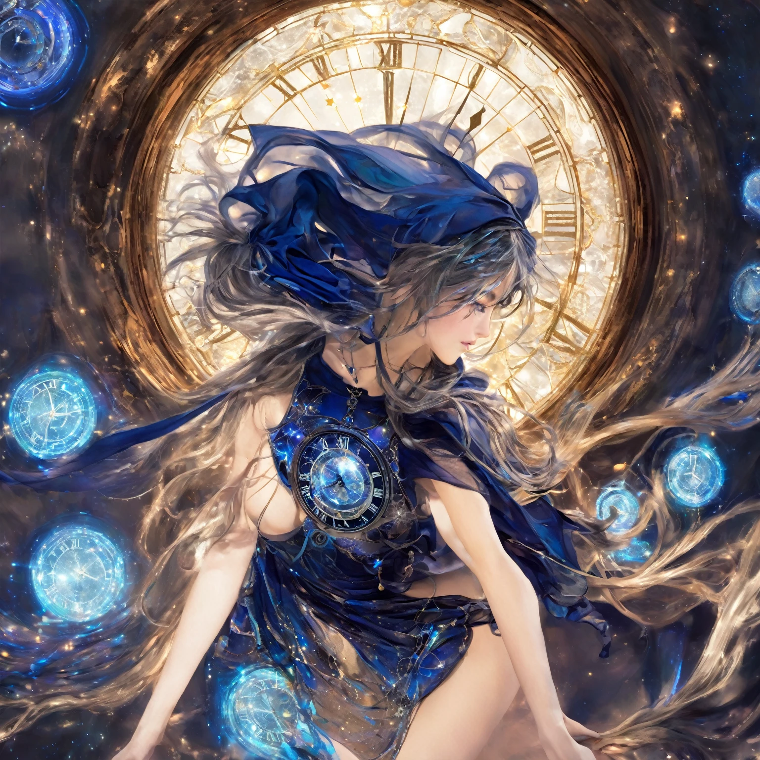 A determined and focused girl with a calm intensity in her eyes, (nude:0.8), slightly distant as if seeing through time. She has long, flowing hair with streaks of silver and blue that shimmer and change with the light. Her deep blue eyes have flecks of gold, symbolizing her connection to infinite timelines. She wears a form-fitting, high-tech bodysuit in shades of midnight blue and silver, adorned with clock gear and constellation patterns. In a dynamic, slightly crouched position, one foot forward as if stepping through a portal. Her right hand extends forward, fingers splayed and glowing with ethereal light, while her left hand cradles an antique pocket watch close to her chest. Surrounded by swirling, translucent time streams that shimmer with iridescent colors. The background is a swirling vortex of temporal energy, with fragments of ancient ruins, futuristic cities, and natural landscapes blending seamlessly. The colors are vibrant and constantly shifting, creating a surreal and timeless environment. She exudes confidence and mastery over her time-manipulating powers, with a semi-transparent, shifting cape trailing behind her, detailed gorgeous face| anime style| key visual| intricate detail| highly detailed| breathtaking| vibrant| panoramic| cinematic| Carne Griffiths| Conrad Roset| gibbli 8k