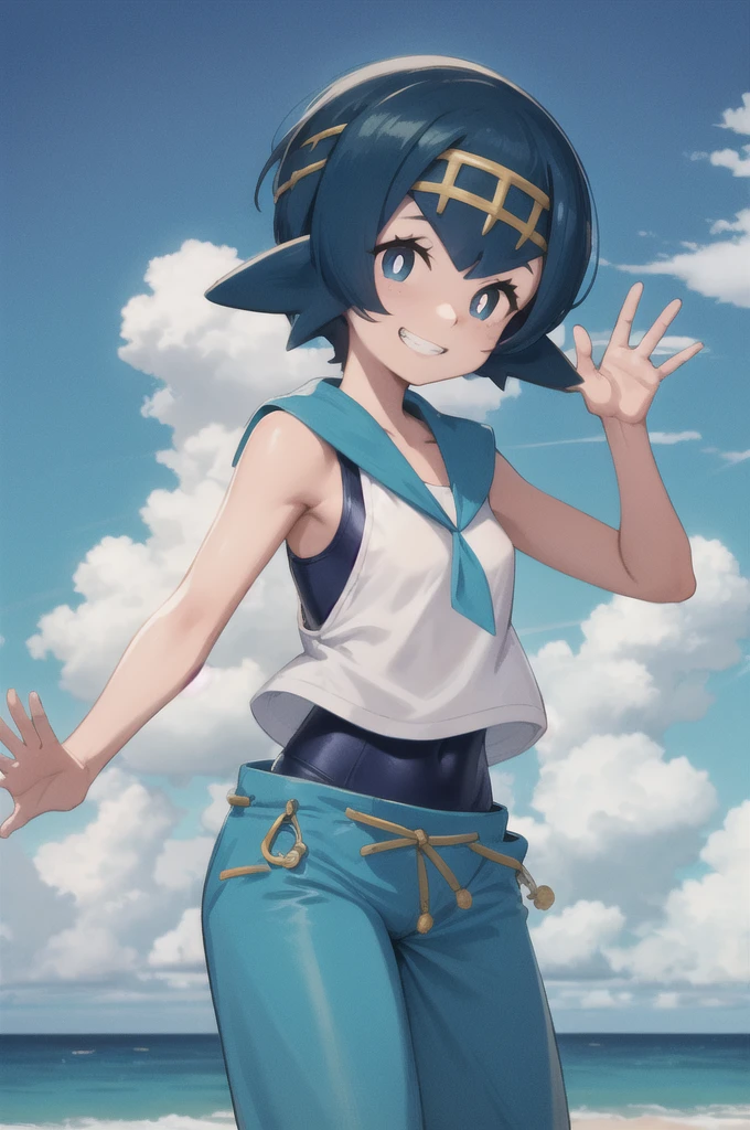 masterpiece, best quality, pkmnLana, white pupils, headband, blue sailor collar, sleeveless white shirt, swimsuit under clothes, blue pants, cowboy shot, smile, beach, blue sky, clouds, looking at viewer, waving, grin, nsfw