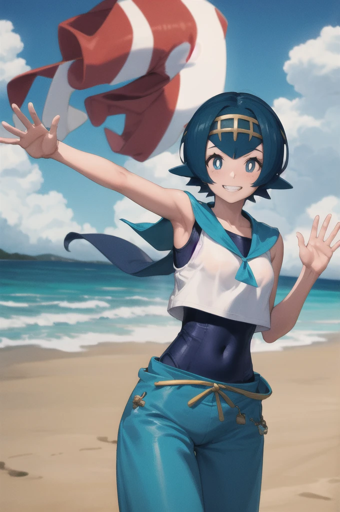 masterpiece, best quality, pkmnLana, white pupils, headband, blue sailor collar, sleeveless white shirt, swimsuit under clothes, blue pants, cowboy shot, smile, beach, blue sky, clouds, looking at viewer, waving, grin, nsfw