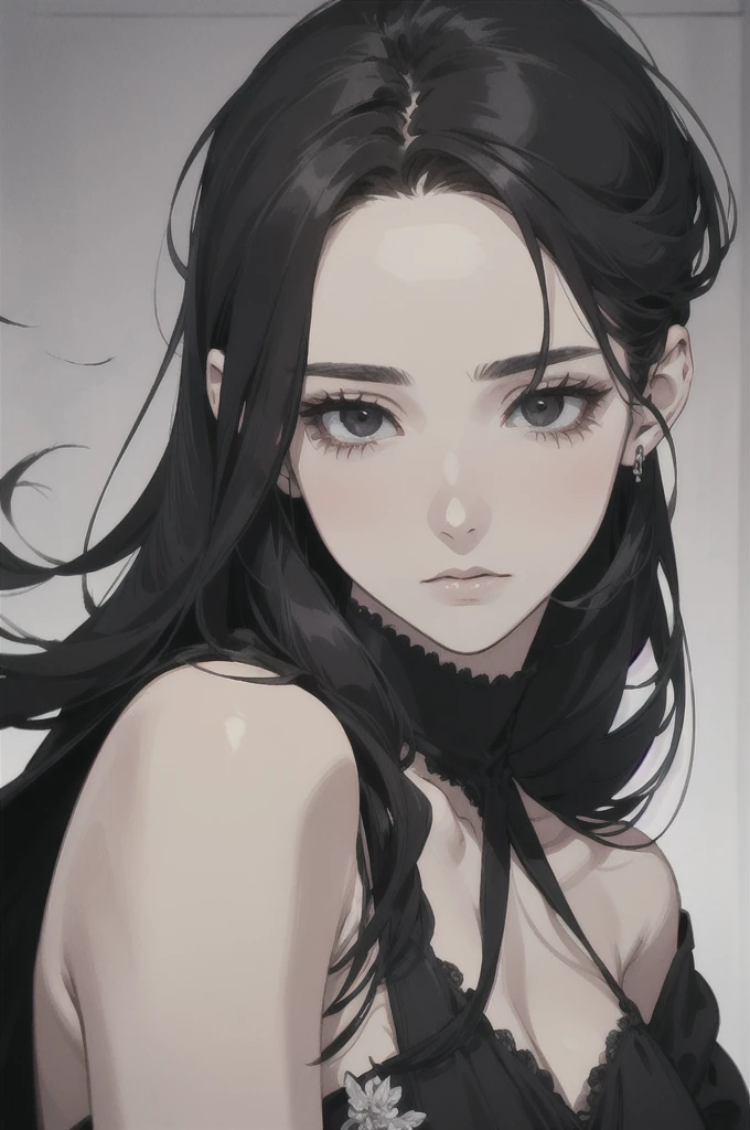 midjourney, ((best quality)), ((masterpiece)), (detailed), perfect face, male and female wearing black dress. beautiful female. mature. ((black hair, long hair)), ((black eyes)), depth of field, pale white skin, white dress, dark circles under eyes, tired expression, vivid colors. Elegant. Black dark dress.