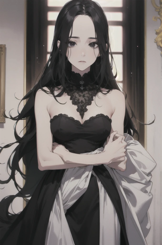 midjourney, ((best quality)), ((masterpiece)), (detailed), perfect face, male and female wearing black dress. beautiful female. mature. ((black hair, long hair)), ((black eyes)), depth of field, pale white skin, white dress, dark circles under eyes, tired expression, vivid colors. Elegant. Black dark dress.