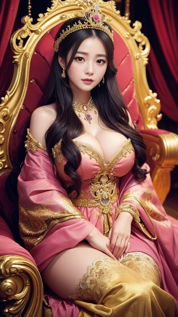 1 elegant japanese woman, beautiful detailed eyes, beautiful detailed lips, extremely detailed eyes and face, long eyelashes, intricate crown, luxurious pink dress, large ornate throne, holding a fan, long black hair, voluptuous figure, photorealistic, 8k, detailed painting, dramatic lighting, cinematic composition, vibrant colors, oil painting、She is sitting on a large throne with her legs crossed,She has such big breasts that they seem to rip her clothes off、Her room is made of gold、Behind her are many soldiers who are protecting her.、She looks down on me with eyes、The throne she sits on is bigger than her and very luxurious. She has the biggest breasts in the world.、There is a lion near her、There's a knight beside her,The throne she sits on is so big、Beside the throne where she sits is a knight guarding her.She is looking at this and smiling