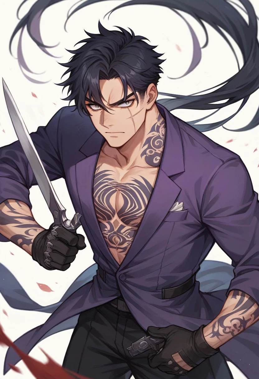 man, Thai and Japanese nature, one meter and six inches tall, semi-long black hair, eyes, black pupils, full of scars from knives and gunshots, and some tattoos, very formal black and purple clothing, and his hands, tactical gloves 