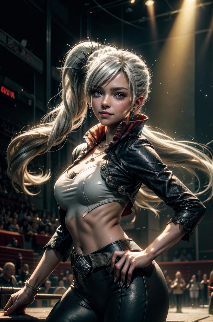 (masterpiece, best quality:1.2), cowboy shot, weissvale, smile, closed mouth, hand on hip, looking at viewer, long white hair, side ponytail, scar above eye, scar below eye, t-shirt, yoga pants, jewelry, necklace, earrings, future_urban, standing in theatre, on stage, orchestra, audience, crowd, (volumetric lighting), intricate details, tonemapping, sharp focus, hyper detailed