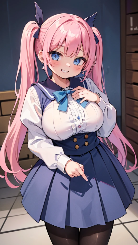 (masterpiece、Highest quality、Very detailed)、((One Girl))、((Pink Hair))、((Twin tails))、((Bright Blue Eyes))、Wicked Smile、((Grin))、vapor、Earrings、((Very large breasts))、((Seraphim))、((Navy blue pleated skirt))、((Black pantyhose pulling))、Cowboy Shot、((I had already finished))、Jim's warehouse