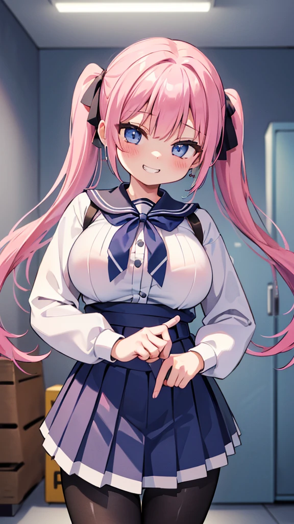 ((masterpiece、Highest quality、Super detailed)、((One girl))、((Pink Hair))、((Twin tails))、((Light blue eyes))、evil smile、((Open Mouth))、blush、((Drooling))、((fellatio))、((lots of piercings))、((Very large breasts))、((steam))、((serafuku))、Short sleeve、belly button、((Navy blue pleated skirt))、kneeling、((2boys))、((penis))、((handjob))、Gym storeroom