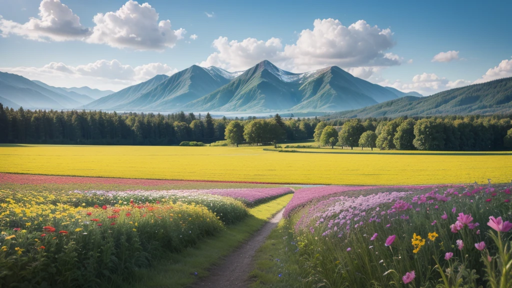 make a field of flowers with a landscape in the background
