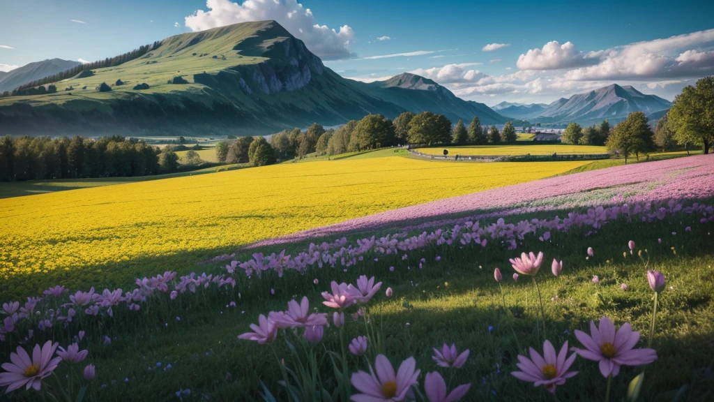make a field of flowers with a landscape in the background