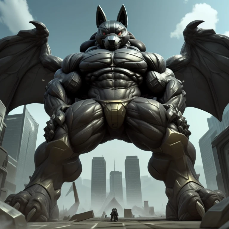 (masterpiece. official art. 8k. best quality. detailed full body. full body.)
(situation 1 : dominating LUCARIO. focus GIANT mechanical Muscular LUCARIO is trampling the CITY. macro. stomp. Low-angle perspective. emphasizing the immense size. The perspective is from below, emphasizing the sheer majesty and power of the Giant. giant art. He is much bigger than a skyscraper. Giga Giants. micro soccer field. looking down.)

(situation 2 :smoke and flames rising from the destruction in the city)

(Additional details 1: wearing a full-face helmet. helmet is jet black. The color of NANOSUIT is jet black. high-tech bio-mecha armor. real texture material. whole body shines like metal. Wearing cyberpunk mecha. emphasizes the muscles. suit fully made of metal. intricate armor. Robotic suit. suit fully made of metal. no face.). (Lucario has 5 toes.) Wearing a Full Face Toxic Gas Mask. no blue.
An arrogant expression.
smile at the corner of your mouth.

(Additional details 2: (Detailed head. Detailed Body. Detailed abs. gigantic muscles. HYPER MUSCLES. Gigachad Muscular. big muscle. pecs. triceps. traps. unusually developed muscular body. body full of huge muscles. showing off muscles. pectorales enormes. Exaggeratedly huge muscles. huge muscles. long legs.).

(Additional details 3: nj5furry, Spread wings. It has wings. black have big wings. The claws are sharp. Sharp teeth.5 toes.).  Wearing a Full Face Toxic Gas Mask. 