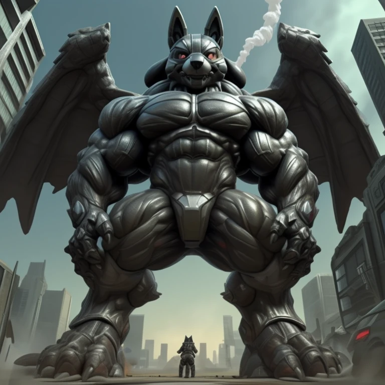 (masterpiece. official art. 8k. best quality. detailed full body. full body.)
(situation 1 : dominating LUCARIO. focus GIANT mechanical Muscular LUCARIO is trampling the CITY. macro. stomp. Low-angle perspective. emphasizing the immense size. The perspective is from below, emphasizing the sheer majesty and power of the Giant. giant art. He is much bigger than a skyscraper. Giga Giants. micro soccer field. looking down.)

(situation 2 :smoke and flames rising from the destruction in the city)

(Additional details 1: wearing a full-face helmet. helmet is jet black. The color of NANOSUIT is jet black. high-tech bio-mecha armor. real texture material. whole body shines like metal. Wearing cyberpunk mecha. emphasizes the muscles. suit fully made of metal. intricate armor. Robotic suit. suit fully made of metal. no face.). (Lucario has 5 toes.) Wearing a Full Face Toxic Gas Mask. no blue.
An arrogant expression.
smile at the corner of your mouth.

(Additional details 2: (Detailed head. Detailed Body. Detailed abs. gigantic muscles. HYPER MUSCLES. Gigachad Muscular. big muscle. pecs. triceps. traps. unusually developed muscular body. body full of huge muscles. showing off muscles. pectorales enormes. Exaggeratedly huge muscles. huge muscles. long legs.).

(Additional details 3: nj5furry, Spread wings. It has wings. black have big wings. The claws are sharp. Sharp teeth.5 toes.).  Wearing a Full Face Toxic Gas Mask. 