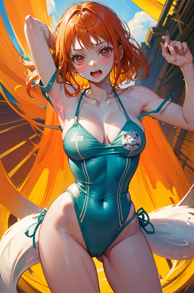 Random patterned swimsuit、Random Swimsuit、Swimsuits in random colors、Random pose、、Acme Face、Random pose、, Pale orange eyes、Big Breasts、short hair、Orange Hair、Sandy Beach、、、nsfw、Highest quality、1 girl、solo、Ocean、Sexy pose、Random pose、Blushing、wet、Embarrassed、I can see half of my 、、One Piece Swimwear、(Strap slip:1.3)、Swimsuits in random colors、Swimwear