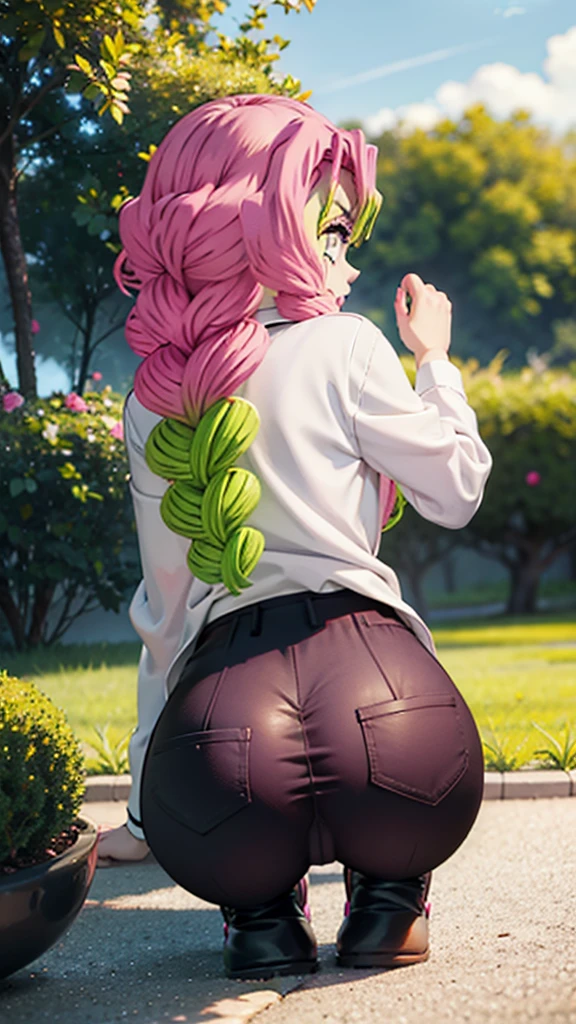 1girl, from behind, looking at viewer, huge ass, black trousers, on all fours, pink hair with green hair tips