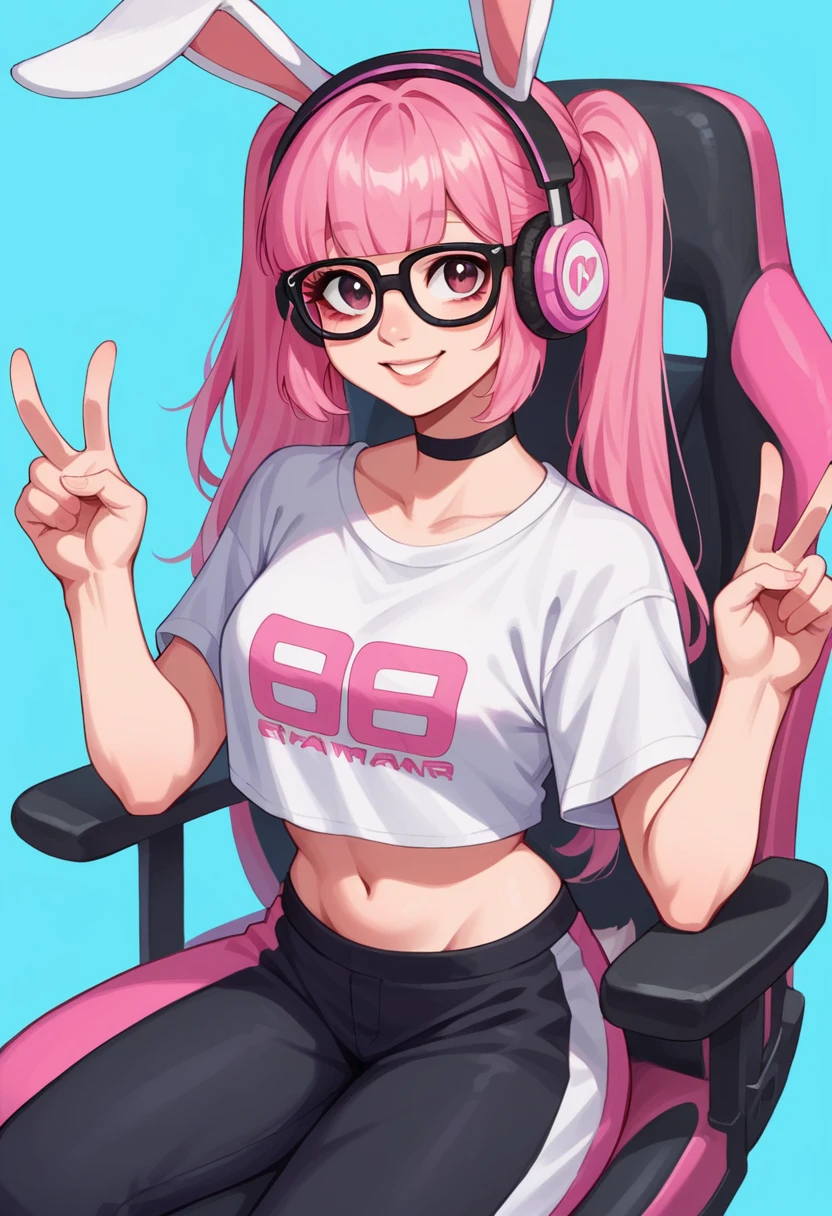 Masterpiece, deer animal ears, pink gamer headphones, white gamer headphones, perfect face, smile, vramslace, 1girl, solo, long hair, looking at viewer, bangs, shirt, navel, twintails, pink hair, perfect hair, glasses, choker, midriff, pants, blunt bangs, rabbit ears, two-tone hair, lips, crop top, v, blue background, t-shirt, black-framed eyewear, print shirt, sitting, pink racing chair, white racing chair