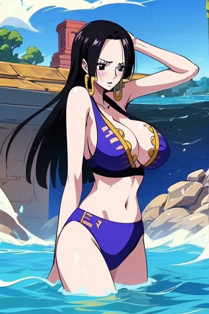 Random patterned swimsuit、Random Swimsuit、Swimsuits in random colors、Random pose、、Acme Face、Random pose、, Black Eyes、Big Breasts、Semi-long hair、Black Hair、Sandy Beach、、、nsfw、Highest quality、1 girl、solo、Ocean、Sexy pose、Random pose、Blushing、wet、Embarrassed、I can see half of my 、、One Piece Swimwear、(Strap slip:1.3)、Swimsuits in random colors、Swimwear