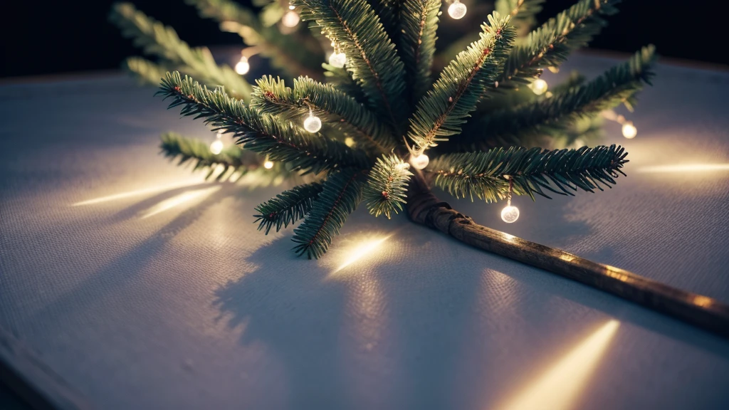 35mm film close macro still shot of a branch of a magical christmas tree in a studio, illuminated by the christmas lights, starry night