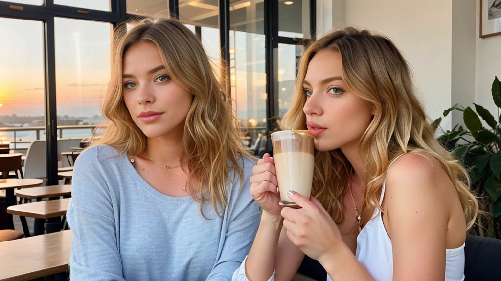 belle blonde portant un pull rose (sipping coffee in a modern cafe at sunset), very detailed, 21 ans, visage innocent, natural wavy hair, blue eye, high resolution, head of'artwork, best quality, intricate details, very detailed, sharpness, detailed skin, realistic skin texture, texture, detailed eyes, Professionnel, 4K, charming smile, shot with Canon, 85mm, shallow depth of field, Kodak Vision Color, corps parfaitement ajusté, extremely detailed, Photo_\(ultra\), photorealistic, realistic, Post-traitement, maximum detail, roughness, real life, ultra realistic, photorealism, la photographie, 8k uh, la photographie