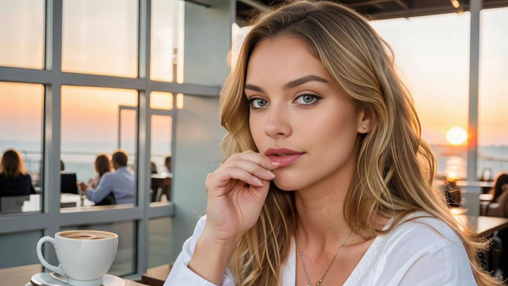 belle blonde portant un pull rose (sipping coffee in a modern cafe at sunset), very detailed, 21 ans, visage innocent, natural wavy hair, blue eye, high resolution, head of'artwork, best quality, intricate details, very detailed, sharpness, detailed skin, realistic skin texture, texture, detailed eyes, Professionnel, 4K, charming smile, shot with Canon, 85mm, shallow depth of field, Kodak Vision Color, corps parfaitement ajusté, extremely detailed, Photo_\(ultra\), photorealistic, realistic, Post-traitement, maximum detail, roughness, real life, ultra realistic, photorealism, la photographie, 8k uh, la photographie