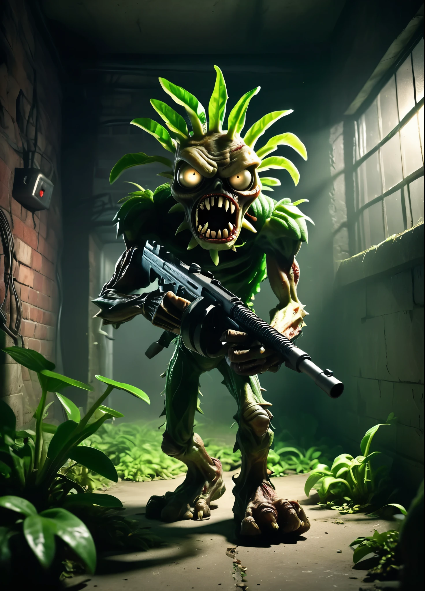 Plants vs. Zombies style, huge succplant with angry eyes and a long mouth with sharp teeth is holding a tmmygn submachine gun with it's strong roots, lurking in a dark basement, green leaves, roots, cinematic, horror theme, dark and gloomy, strong backlight from a window in the basement, 
