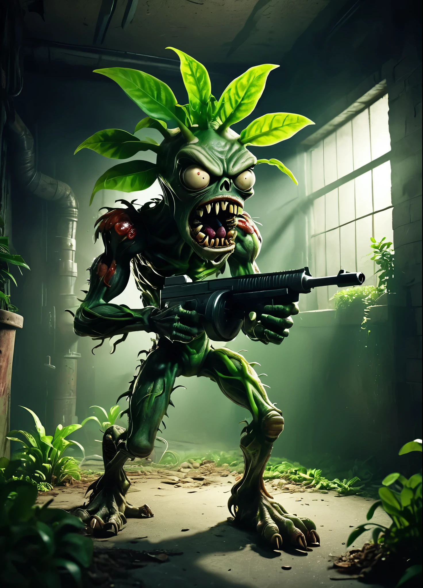 Plants vs. Zombies style, huge succplant with angry eyes and a long mouth with sharp teeth is holding a tmmygn submachine gun with it's strong roots, lurking in a dark basement, green leaves, roots, cinematic, horror theme, dark and gloomy, strong backlight from a window in the basement, 
