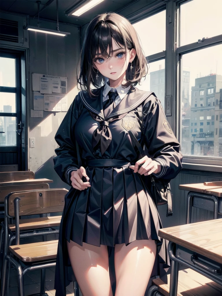 absurdres, RAW photo, extremely delicate and beautiful, masterpiece, Best Quality, ultra high resolution, 32k, hyperrealistic, ultra-detailed, perfect anatomy, super Detailed skin, perfect figure, Super Beauty, Perfect Style, Perfect balance, Beautiful Lighting, Perfect Lightning, Realistic Shadows, 20 years old, very Slim body, narrow waist, very small head, very small face, delicate facial features, handsome detailed woman, very detailed eyes and face, realistic face proportions, Realistic beautiful face, Realistic beautiful eyes, tearful mole, earring, very huge round breasts, legs, medium hair, whole body shot, indoor, ((school_uniform)),