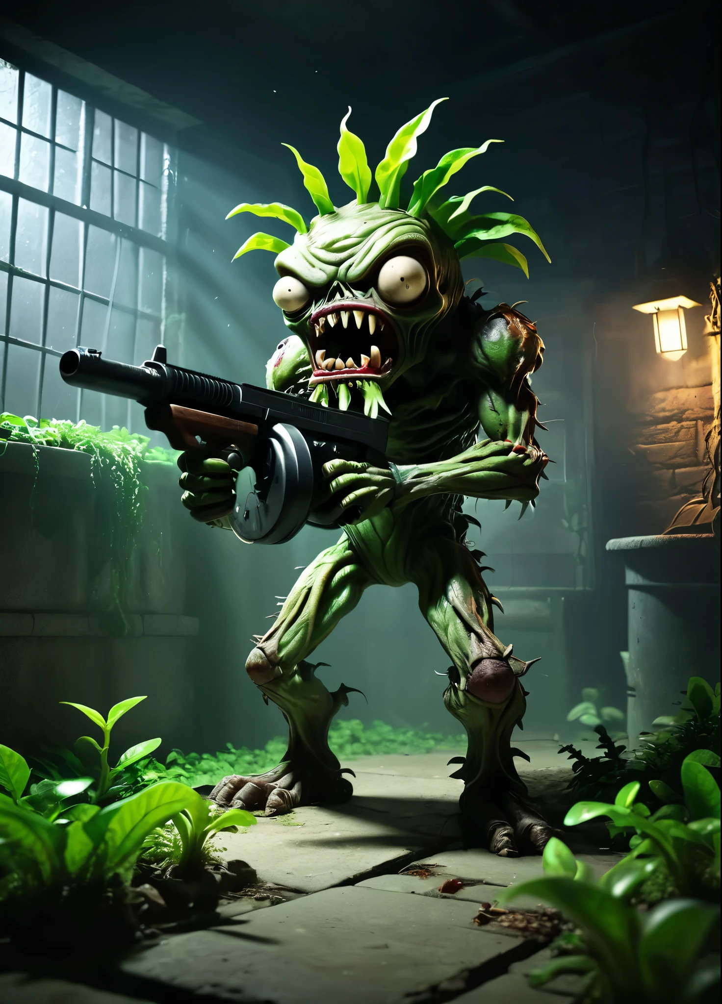 Plants vs. Zombies style, huge succplant with angry eyes and a long mouth with sharp teeth is holding a tmmygn submachine gun with it's strong roots, lurking in a dark basement, green leaves, roots, cinematic, horror theme, dark and gloomy, strong backlight from a window in the basement, 
