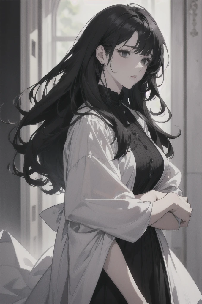 midjourney, ((best quality)), ((masterpiece)), (detailed), perfect face, male and female wearing black dress. beautiful female. mature. ((black hair, long hair)), ((black eyes)), depth of field, pale white skin, white dress, dark circles under eyes, tired expression, vivid colors. Elegant. Black dark dress.