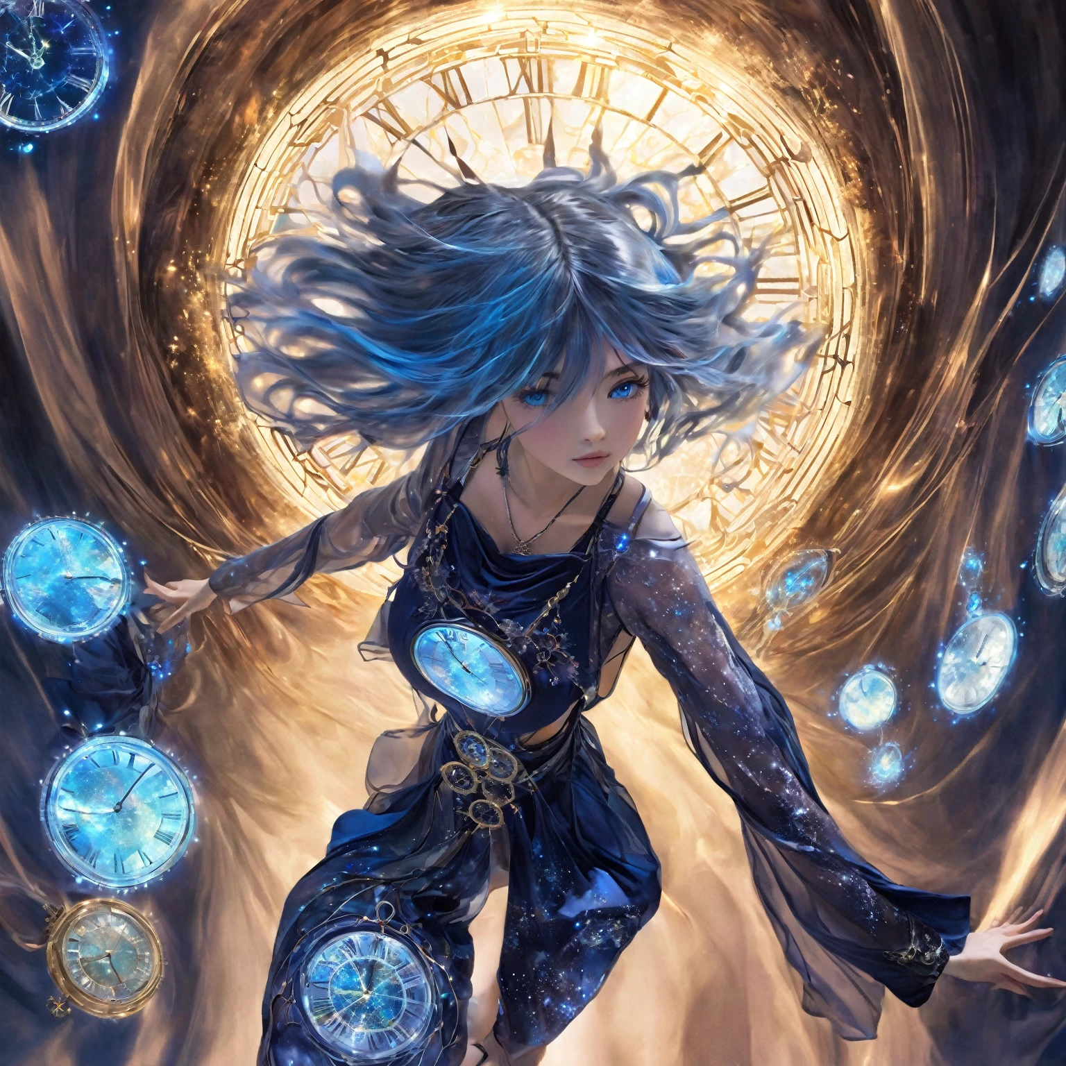 A determined and focused girl with a calm intensity in her eyes, (nude:0.8), slightly distant as if seeing through time. She has long, flowing hair with streaks of silver and blue that shimmer and change with the light. Her deep blue eyes have flecks of gold, symbolizing her connection to infinite timelines. She wears a form-fitting, high-tech bodysuit in shades of midnight blue and silver, adorned with clock gear and constellation patterns. In a dynamic, slightly crouched position, one foot forward as if stepping through a portal. Her right hand extends forward, fingers splayed and glowing with ethereal light, while her left hand cradles an antique pocket watch close to her chest. Surrounded by swirling, translucent time streams that shimmer with iridescent colors. The background is a swirling vortex of temporal energy, with fragments of ancient ruins, futuristic cities, and natural landscapes blending seamlessly. The colors are vibrant and constantly shifting, creating a surreal and timeless environment. She exudes confidence and mastery over her time-manipulating powers, with a semi-transparent, shifting cape trailing behind her, detailed gorgeous face| anime style| key visual| intricate detail| highly detailed| breathtaking| vibrant| panoramic| cinematic| Carne Griffiths| Conrad Roset| gibbli 8k