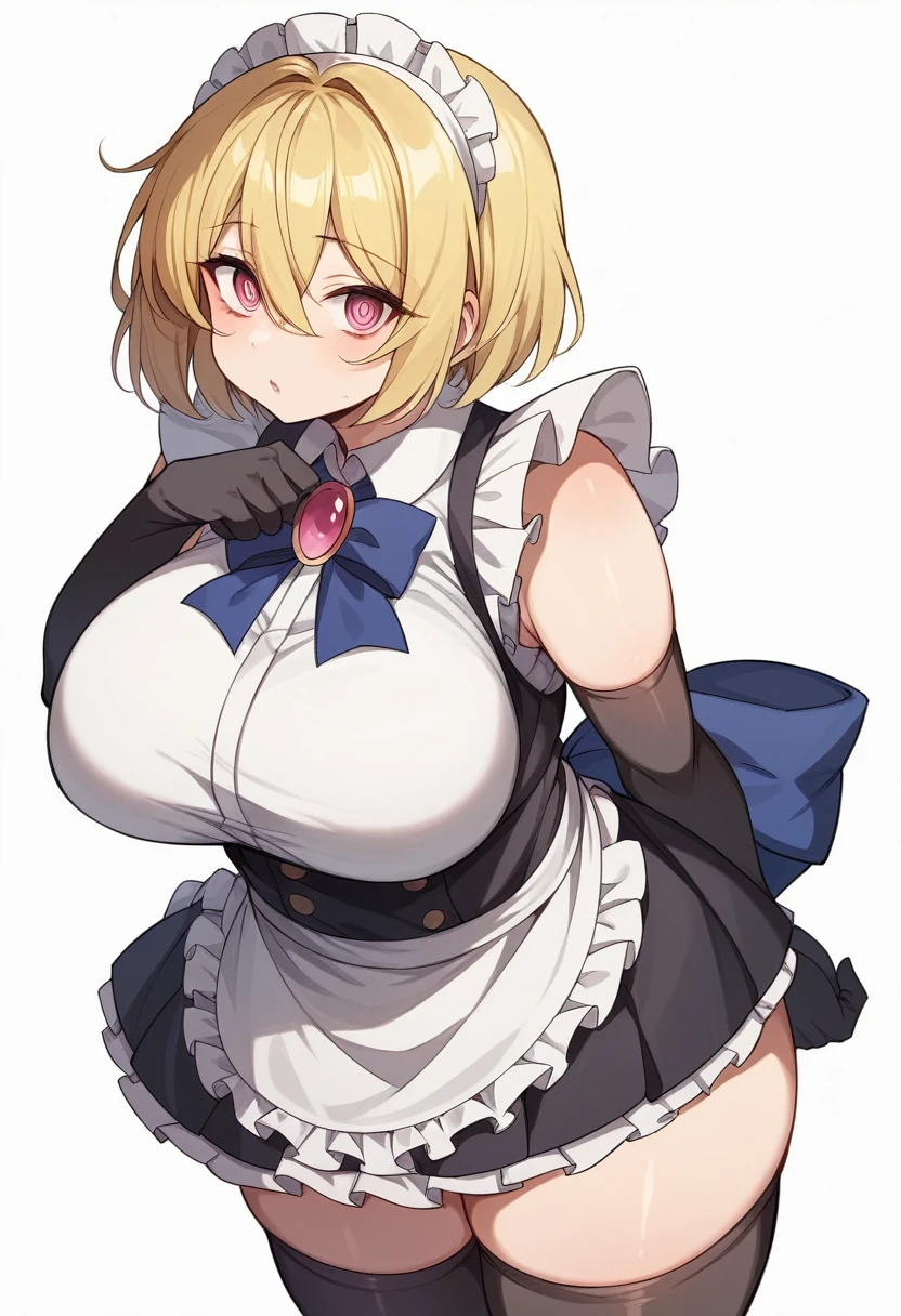 (One girl)、(bob cut)、((Blonde))、（Sato Air）、(slan eyes)、（boyish）、cute、(Big super breasts)、Chubby、Maid clothes、No sleeve、mini skirt、White sleeveless、thigh-high socks thighhighs、(long gloves)、hairs between eyes、(coarse hair)、flipped hair、pink eye、(say)、arm behind back、White Background
