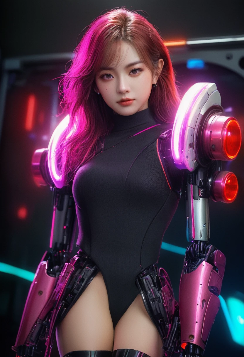 xxmixgirl. Highly detailed professional 35mm film, bokeh, face in sharp focus. A robotic female, Miku, with ((metal skin)), ((perfect Asian eyes)) with magenta irises and ((black pupils)), beautiful serious (detailed face), 18 year old ((photorealistic face)), very long magenta twin tails of magenta hair, twin black hair ties with a single red stripe. She may have a black audio headpiece. We can see her ((full body)) down to her boot soles. Her outfit is a sleeveless collared light grey shirt, outlined in red around the frilled collar and hems. Shiny reflective ((metallic breast cups, dimpleless)), invisible nipples. She wears black sleeves with red hems that start around her upper arm and bellow out as the sleeves open and extend to her wrists, with wide trumpet red rimmed cuffs. She has perfect robotic (detailed hands). She wears a red colored tie with two horizontal solid parallel black lines halfway across. She wears a fabric black skirt with a horizontal red hem at the bottom all the way around; her (((black skirt wraps around her))) and ((her skirt completely covers)) her robotic waist and thighs. Tall black boots with red bottom soles, a red rim around the top at her thighs. Her mechanical shoulder joints are visible. We can see her robotic legs and robotic neck. Half of her is covered with shiny polished machinery. The background is a distant dark neon futuristic Japanese city, gold, cyan, violet neon, near harbor or mountains.