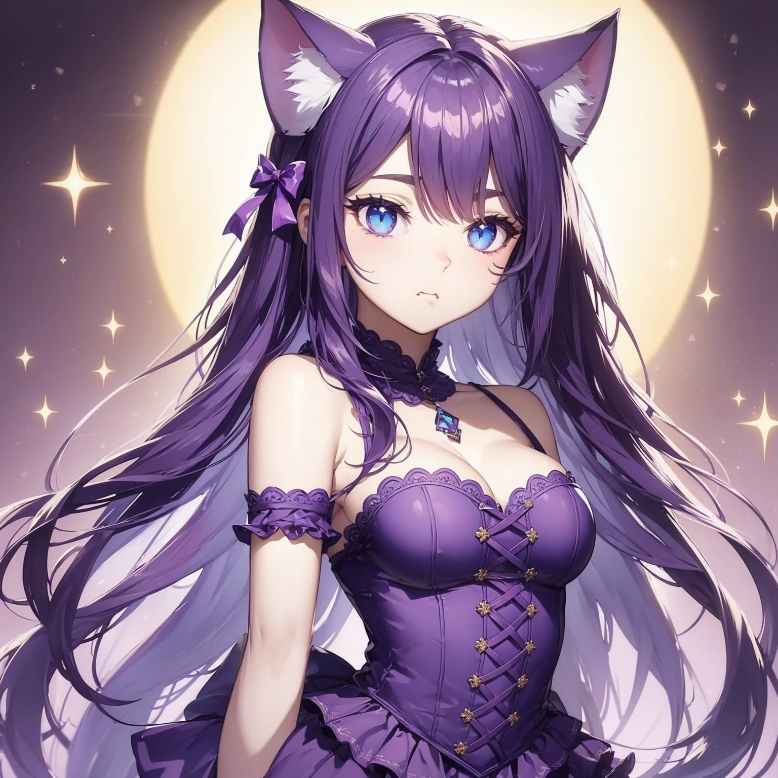 Long Hair, , 1girl, purple hair, blue eyes, sad eyes. Bangs, Cat Ears, Pout, Multiple Views, I